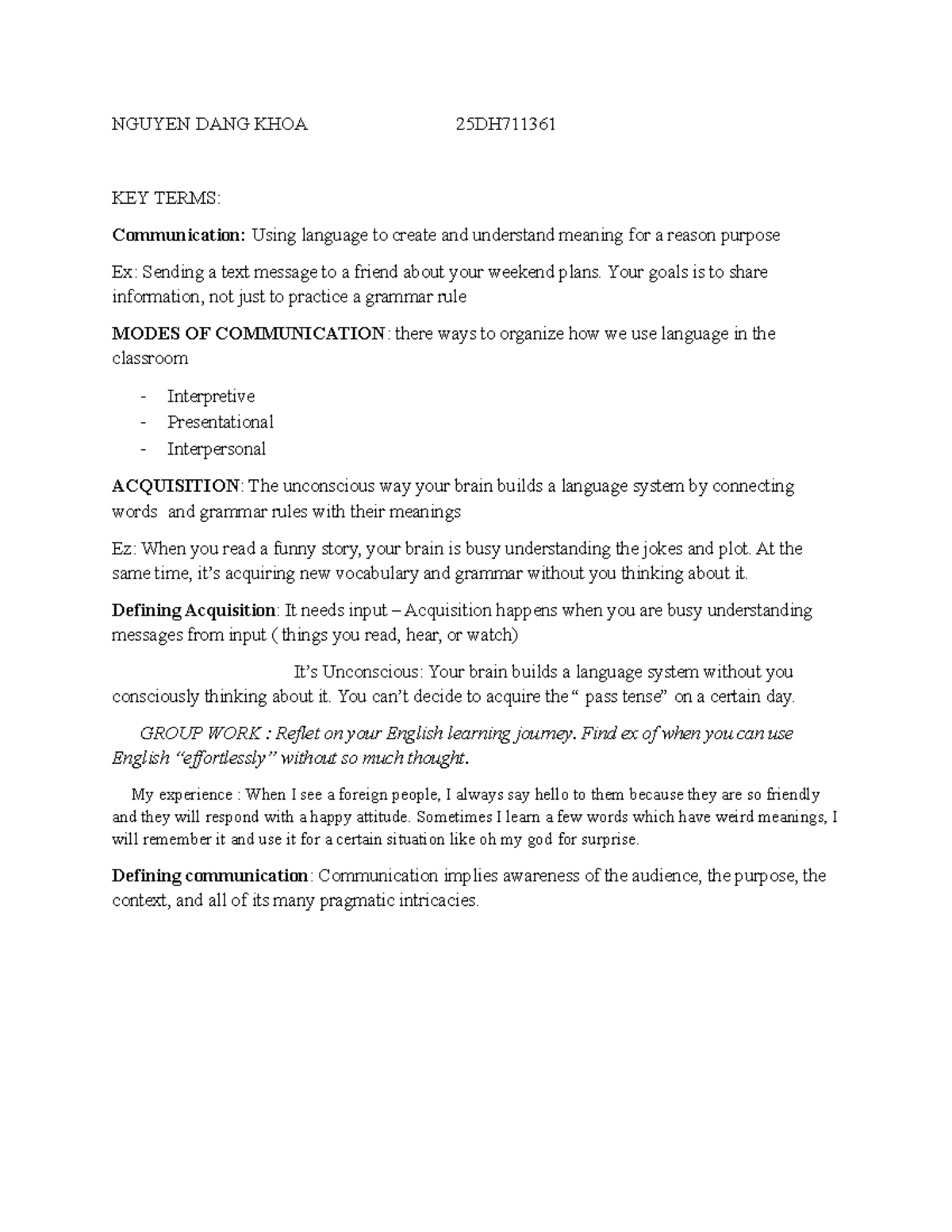 Key Terms in Communication: Understanding Language & Acquisition - Studocu