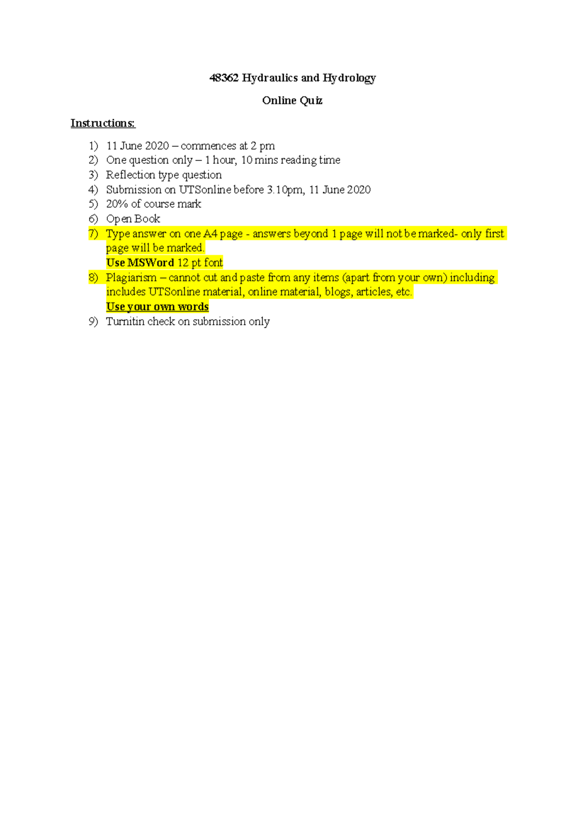 Online Exam 20% - 48362 Hydraulics and Hydrology Online Quiz ...