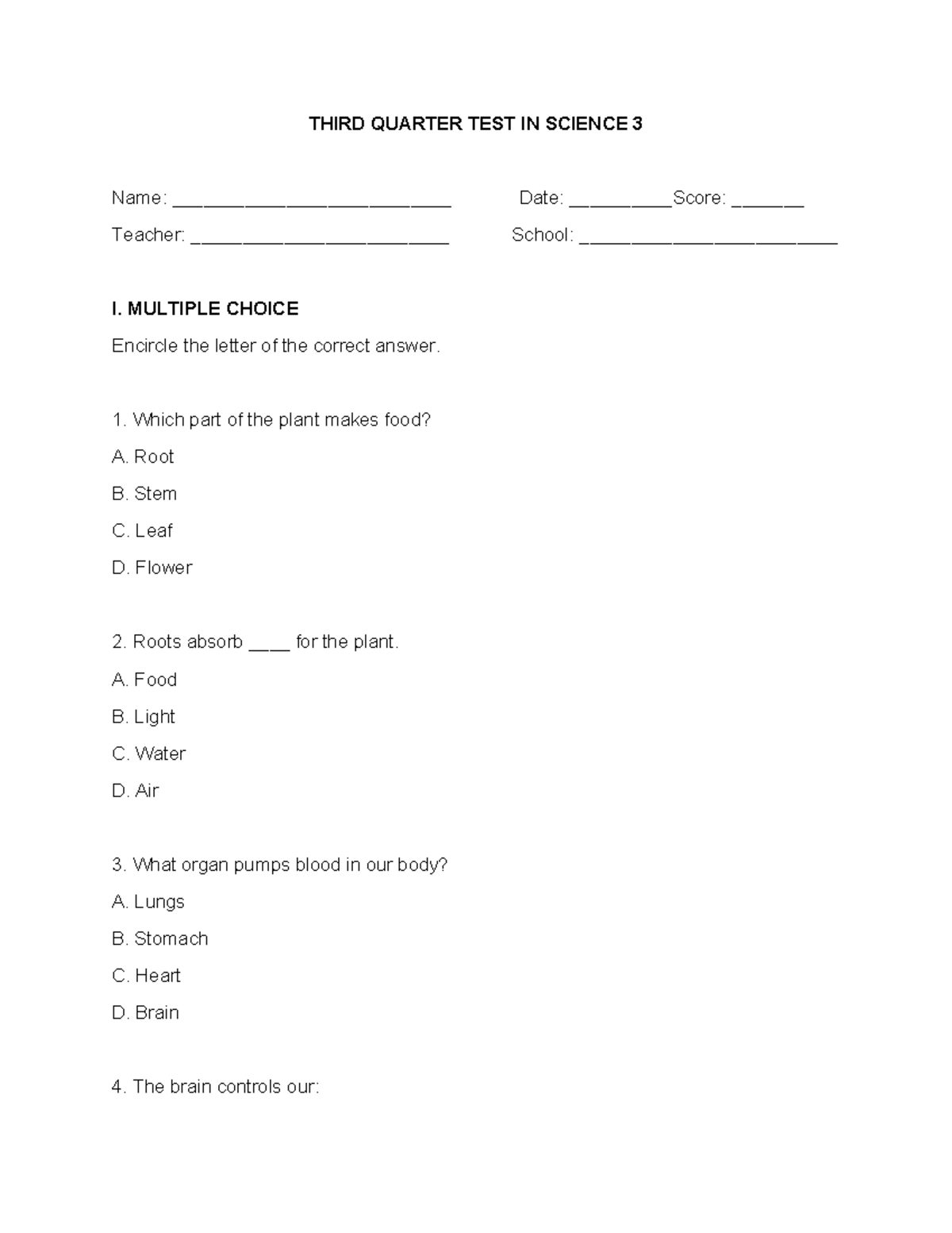 SCIENCE 3 THIRD QUARTER TEST: MULTIPLE CHOICE QUESTIONS - Studocu