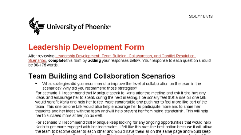 Soc110 v13 wk5 leadership development form - SOC/110 v Leadership ...