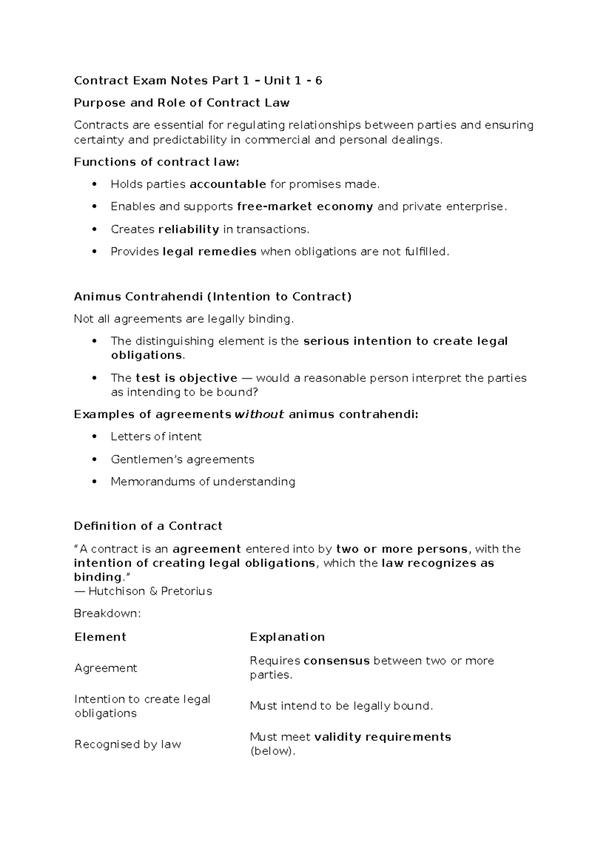 Contract Law Exam Notes 2025: Unit 1 - Purpose & Role of Contracts ...