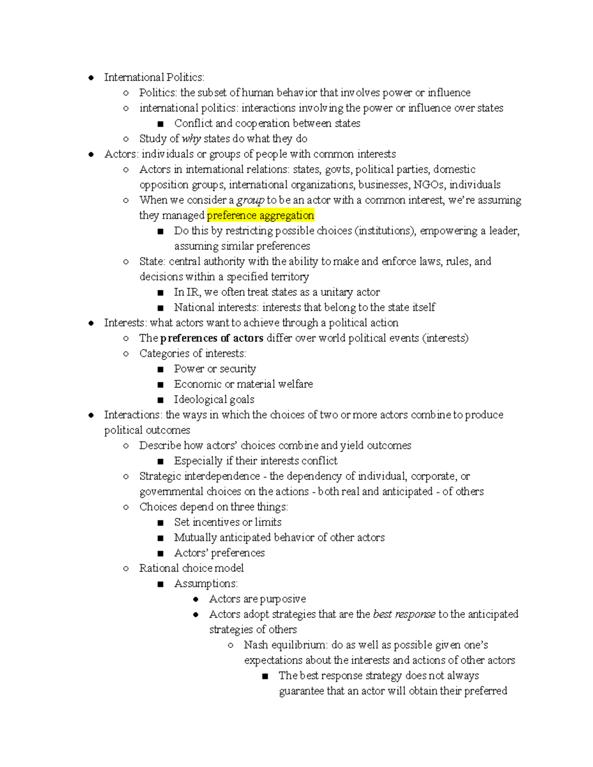 INTL 101 Midterm 1 Study Guide: Key Insights on International Politics ...
