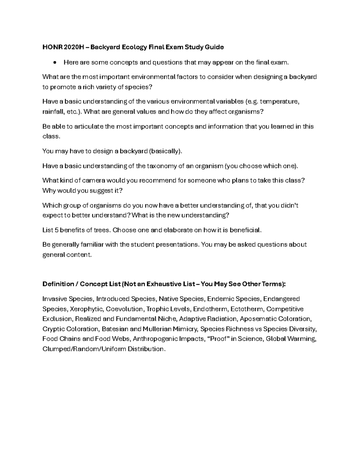 HONR 2020H – Backyard Ecology Final Exam Study Guide Overview - Studocu
