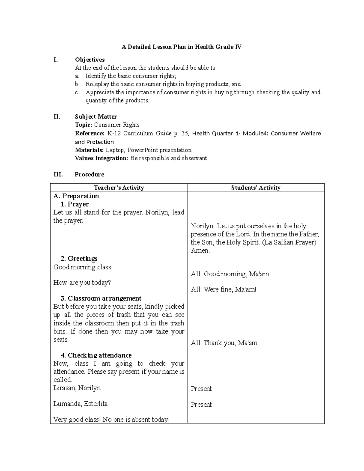 Consumer Rights Lesson Plan for Health Grade IV - LPFinal - Studocu