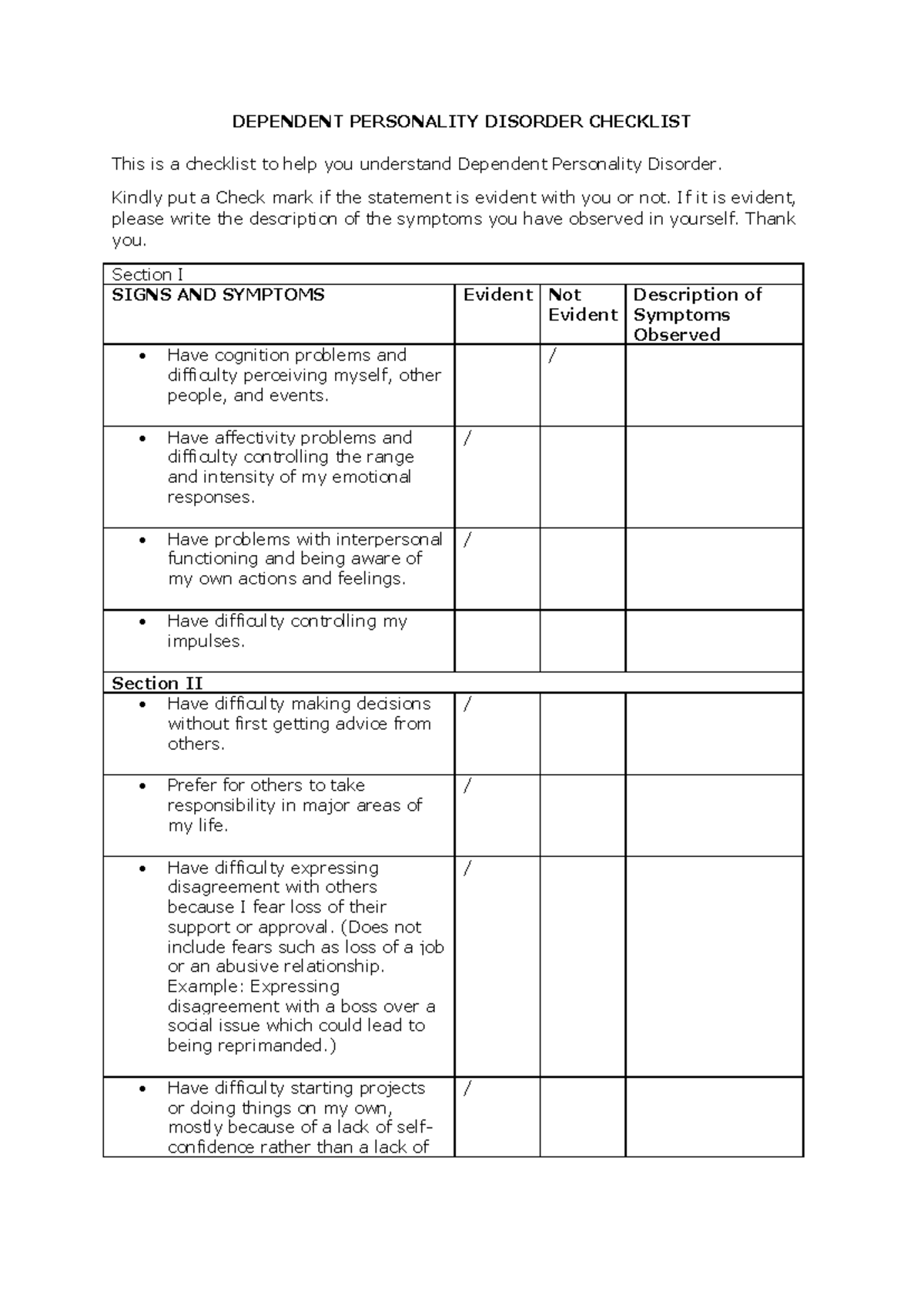 DPD- Checklist for Understanding Dependent Personality Disorder - Studocu