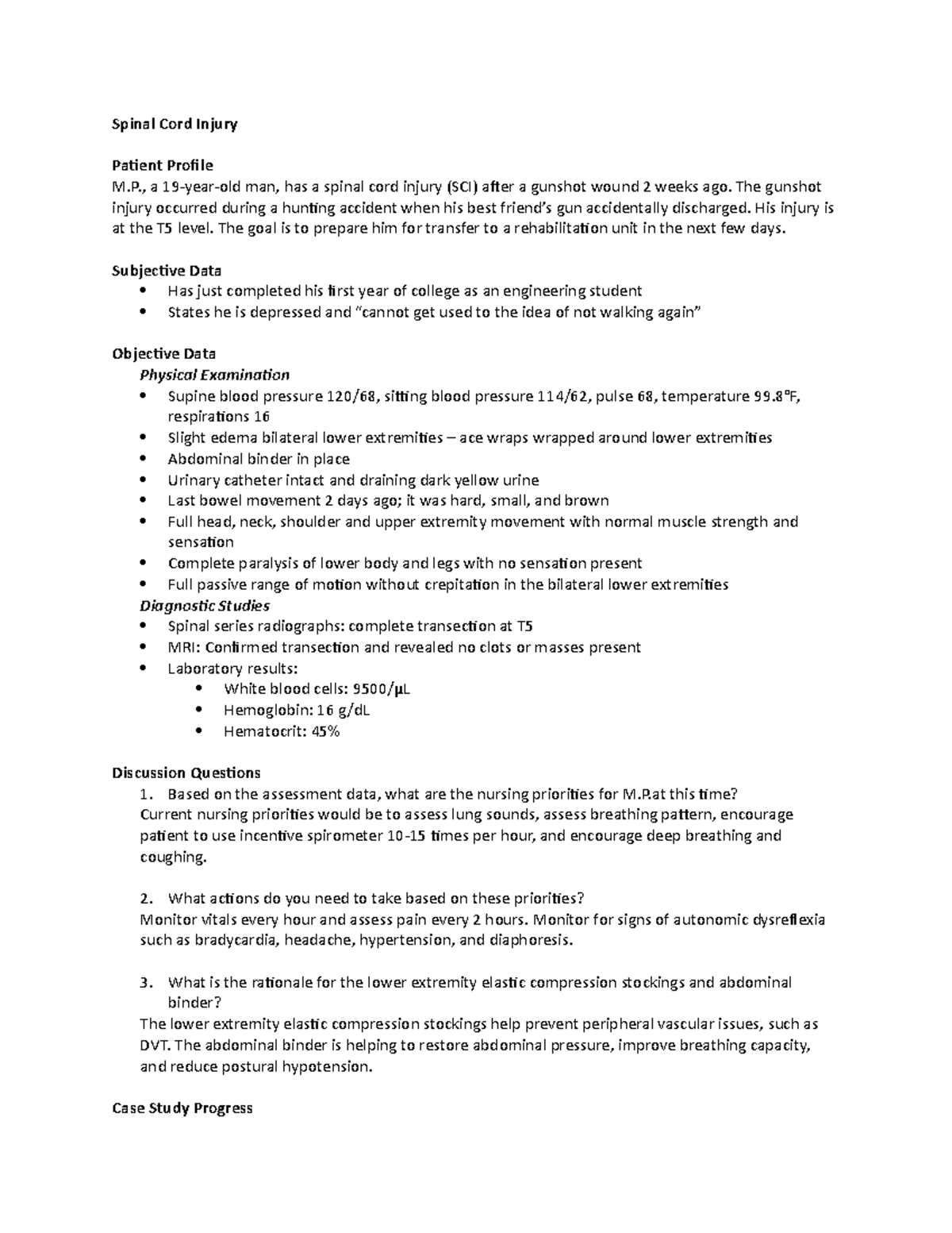 Case Study: Spinal Cord Injury (SCI) of Patient M.P. - Nursing ...
