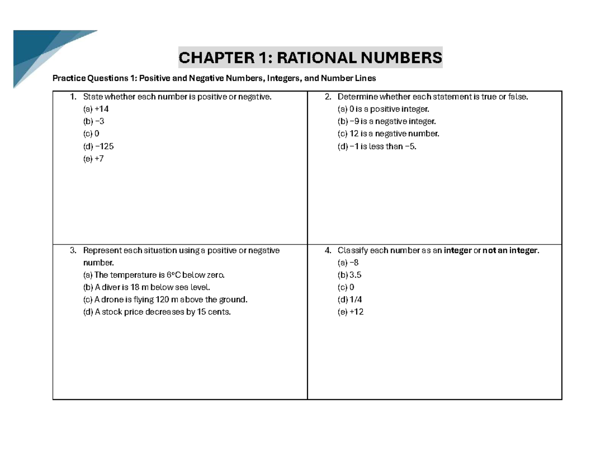 CHAPTER 1: RATIONAL NUMBERS - Practice Questions on Integers and Number ...