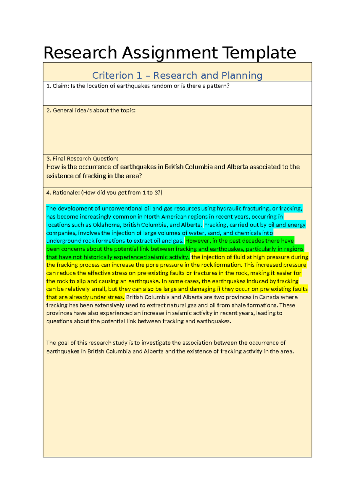Research Assignment Template: Earthquakes & Fracking in BC & AB - Studocu
