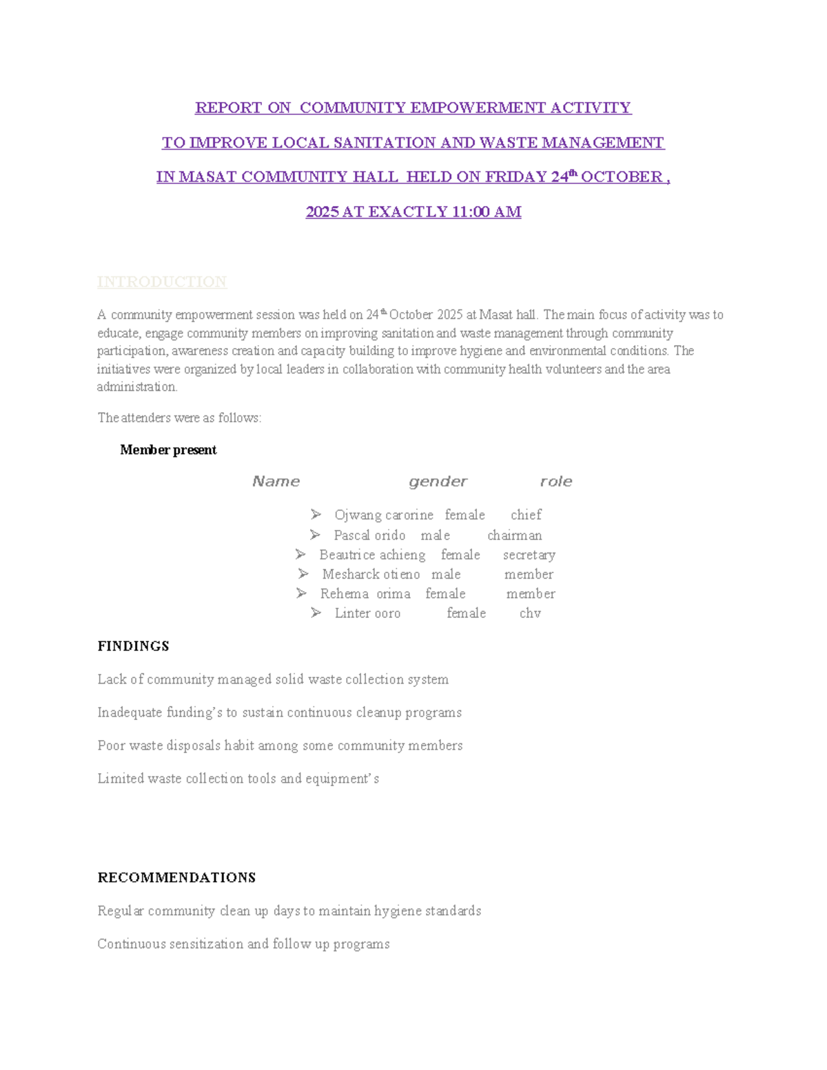 Report on Community Empowerment Activity: Sanitation & Waste Management ...