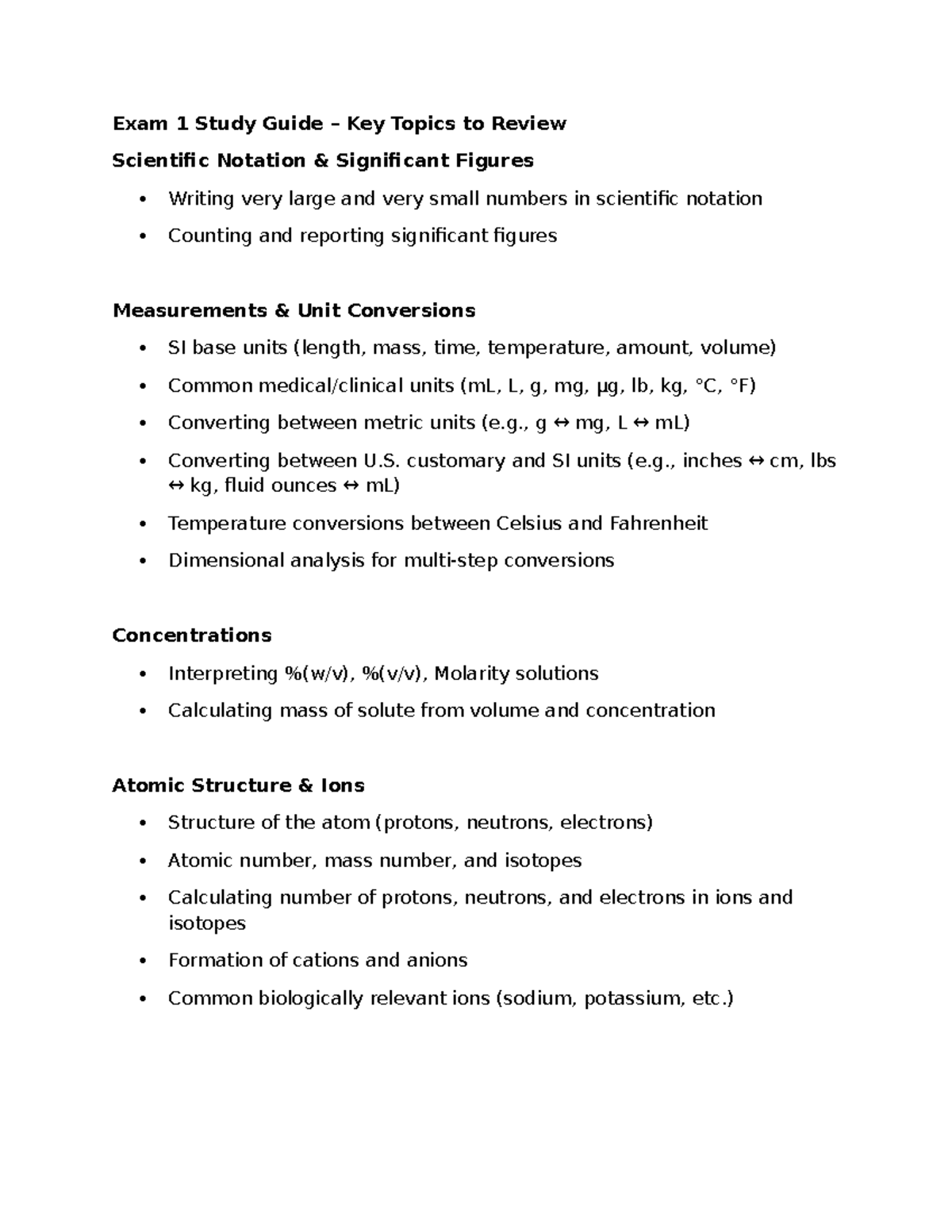 Chemistry Exam 1 Study Guide: Key Topics for Review (CHEM101) - Studocu