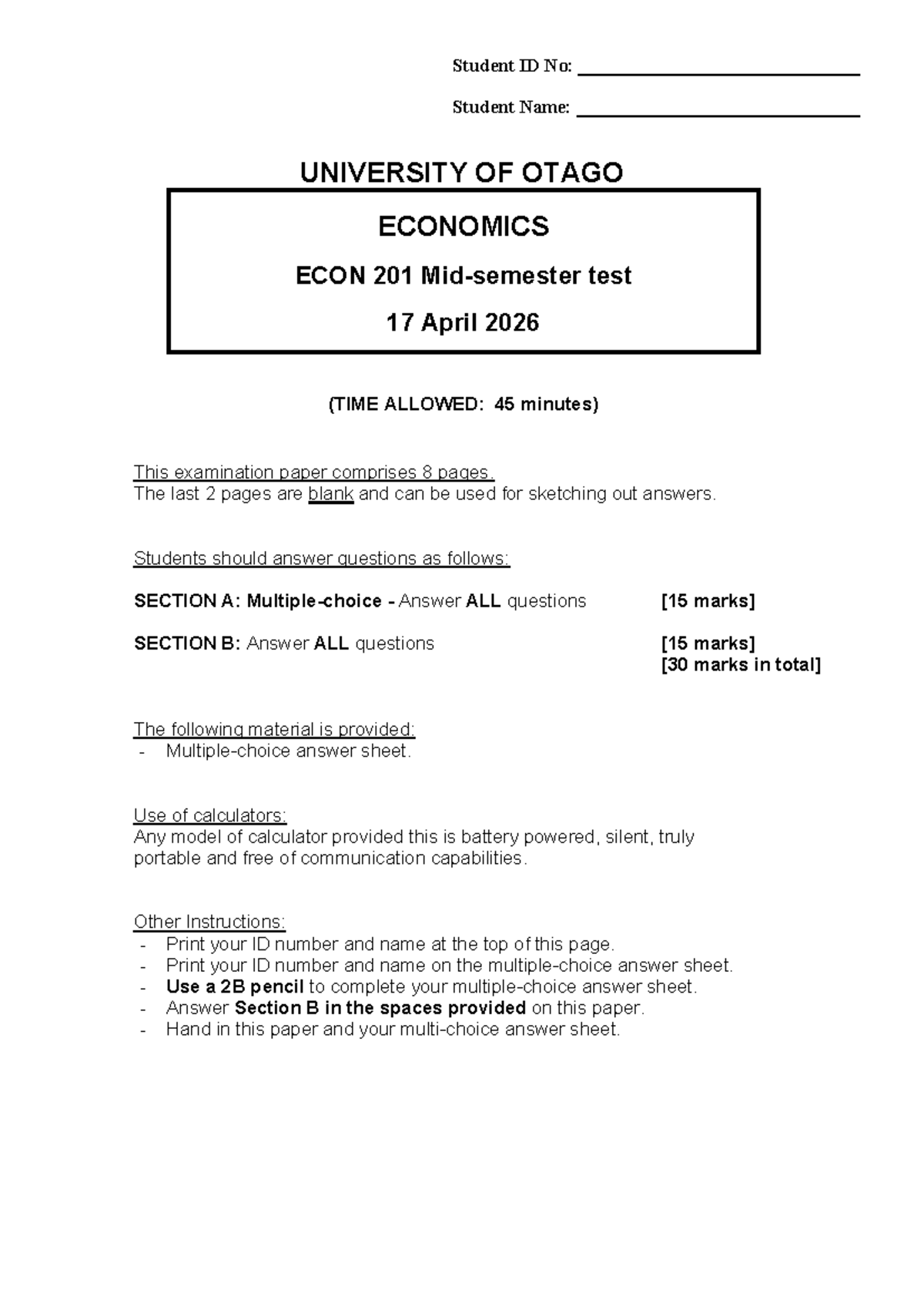 ECON 201 Mid-Semester Test S1 2026 Examination Paper - Studocu