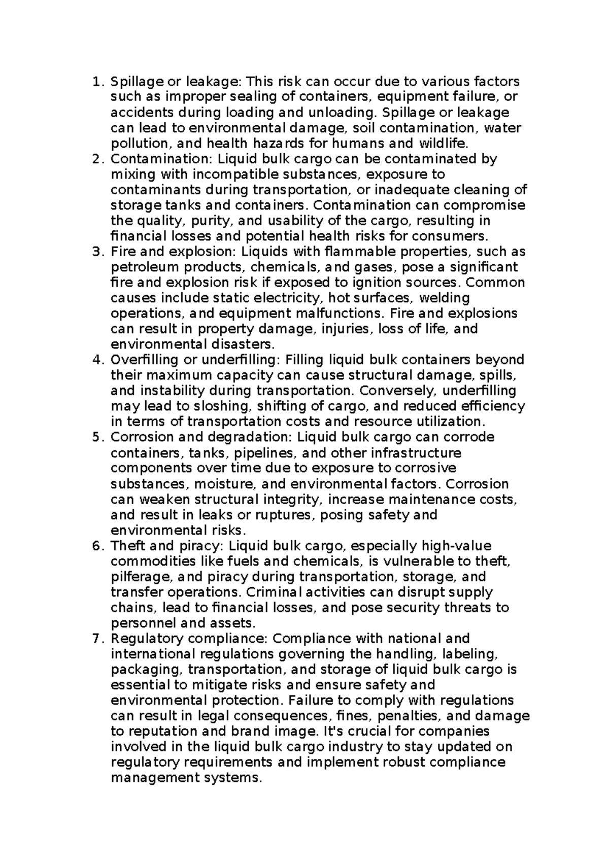 Final cargo - Spillage or leakage: This risk can occur due to various ...
