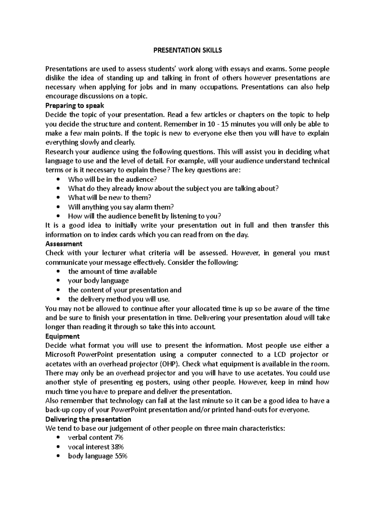 Presentation Skills Notes - PRESENTATION SKILLS Presentations are used ...