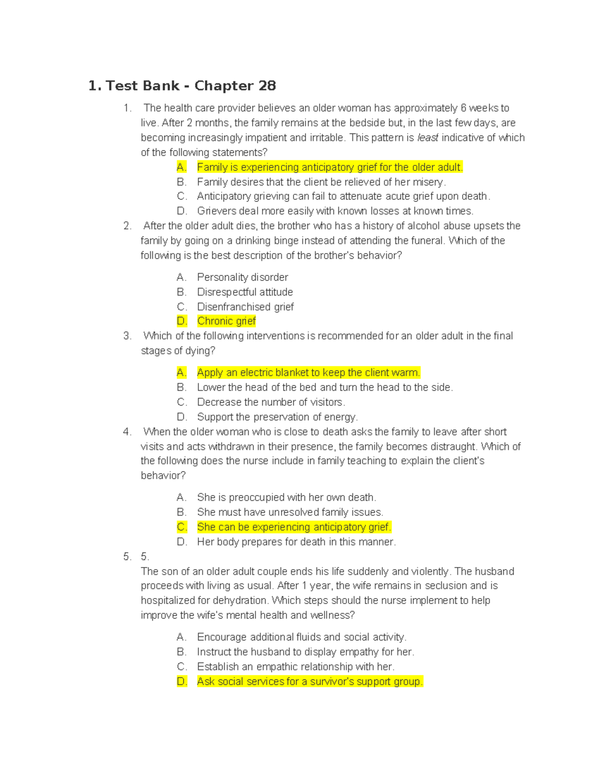 NUR 257 Unit 2 Chapter 28 Test Bank Questions - Studocu