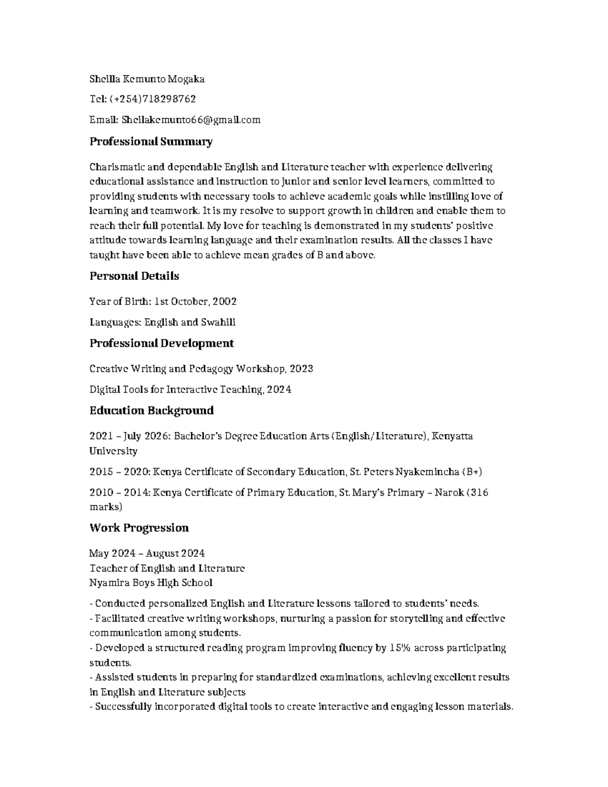 English & Literature Teacher CV Example - Professional Summary & Skills ...