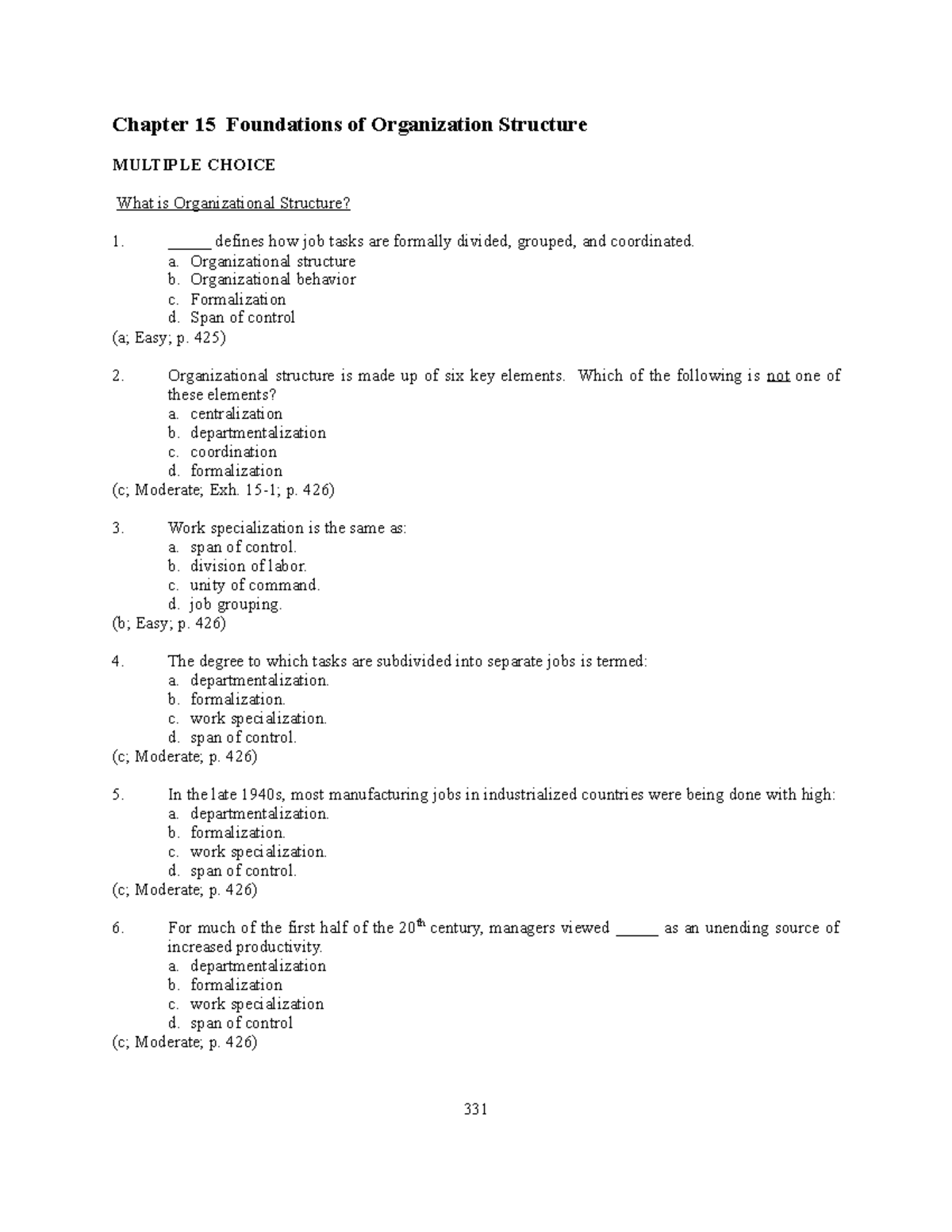 H15: Exam Questions on Organizational Structure and Design Concepts ...
