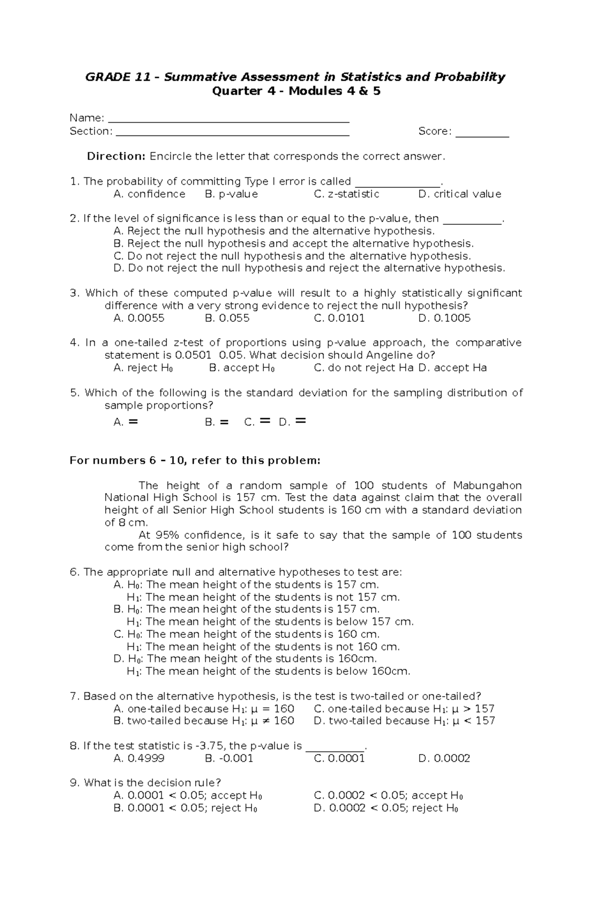 Grade 11 Statistics & Probability Summative Test Q4-5 Review - Studocu