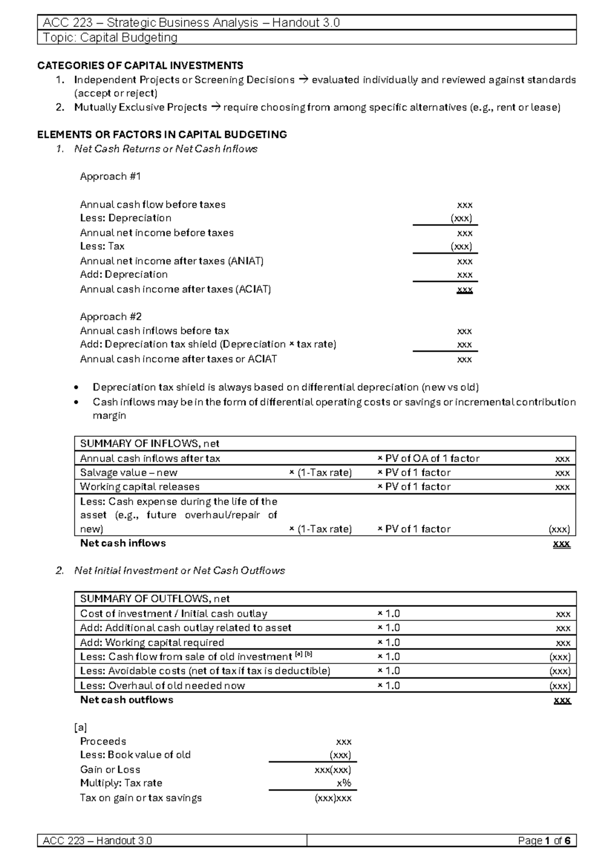 ACC 223 Capital Budgeting Analysis Handout 3.0: Key Concepts & Examples ...