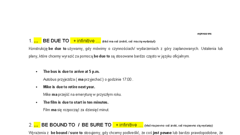 BE DUE TO, BE BOUND TO, AND BE (UN)LIKELY TO: Expressions Guide - Studocu