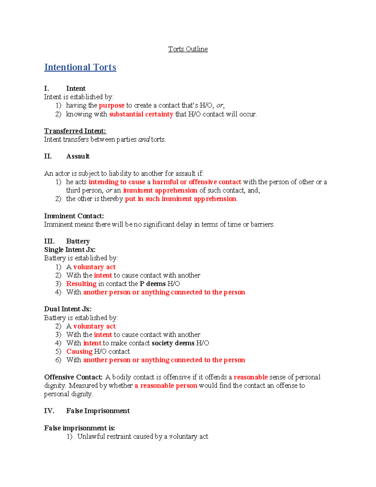 Torts Outline: Intentional Torts and Defenses (LAW 101) - Studocu
