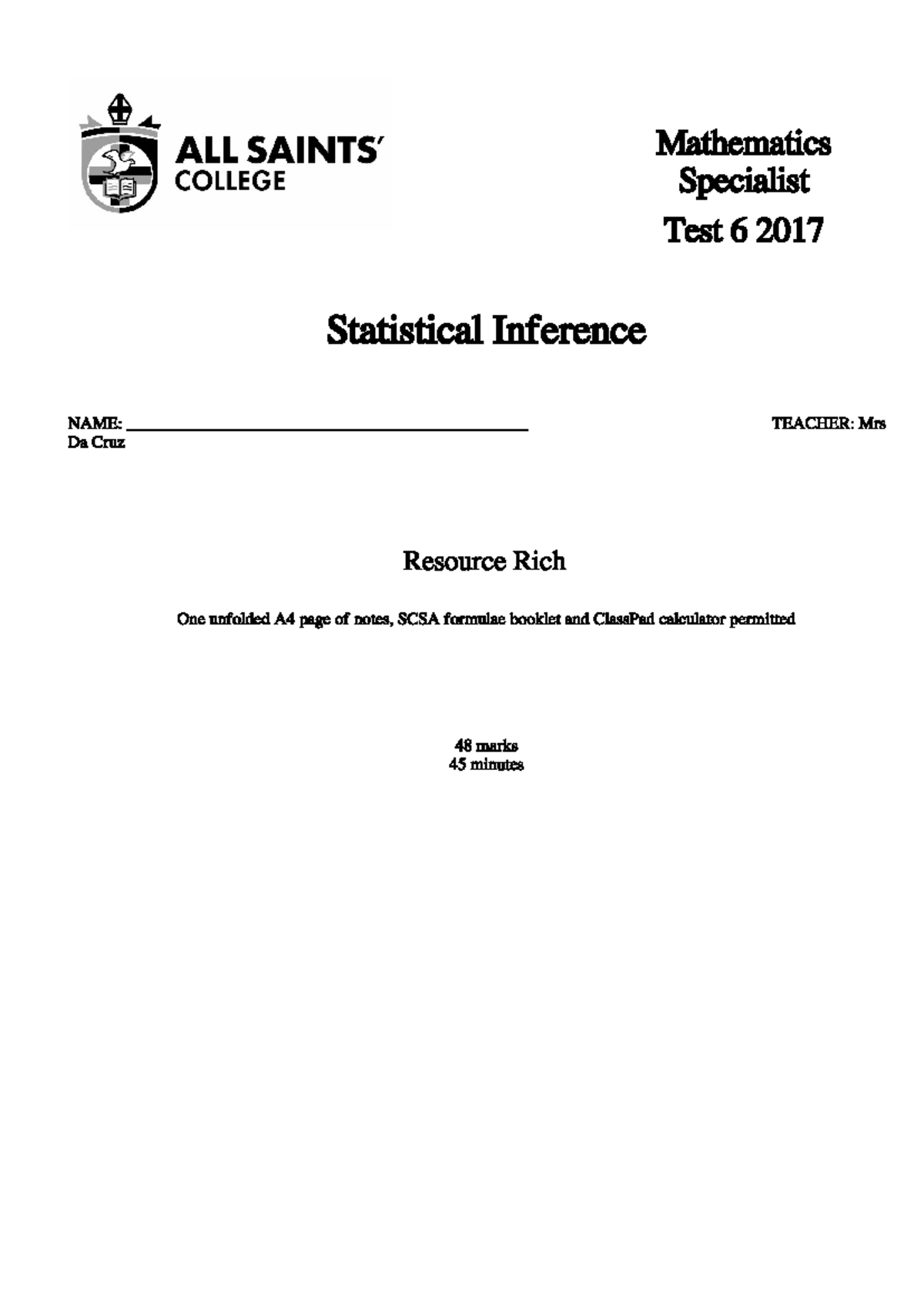 Specialist Mathematics Unit 4: Statistical Inference Practice Questions ...