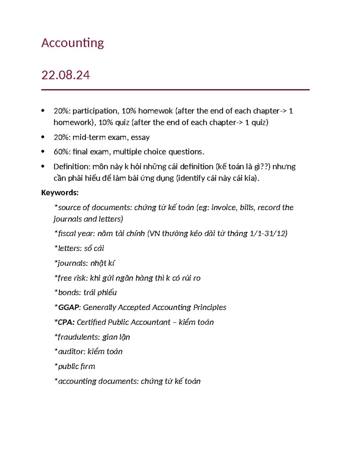Kế Toán: Notes for Accounting Principles and Final Exam Preparation ...