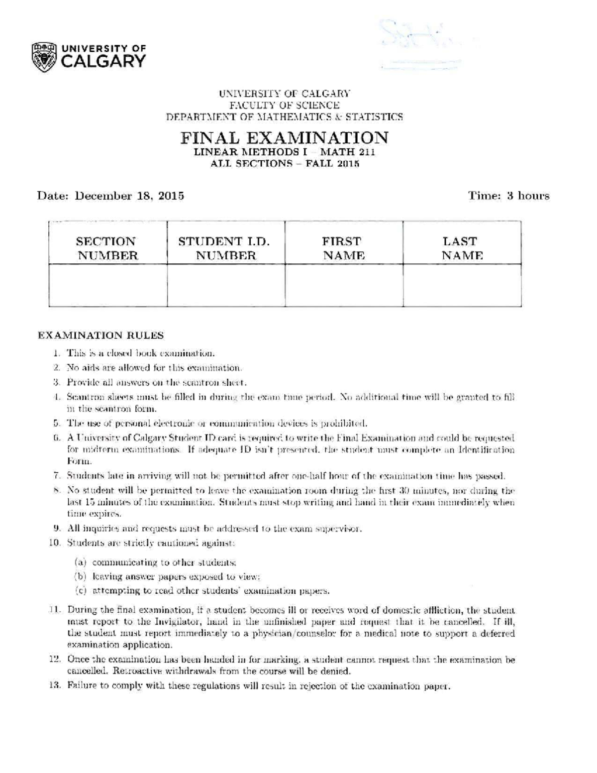 MATH 211 Final Exam Guidelines and Sample Questions - Fall 2015 - Studocu