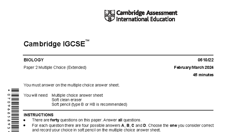 Cambridge BIOLOGY 0610/22 Paper 2 MCQ (Extended) 2024 Guide - Studocu