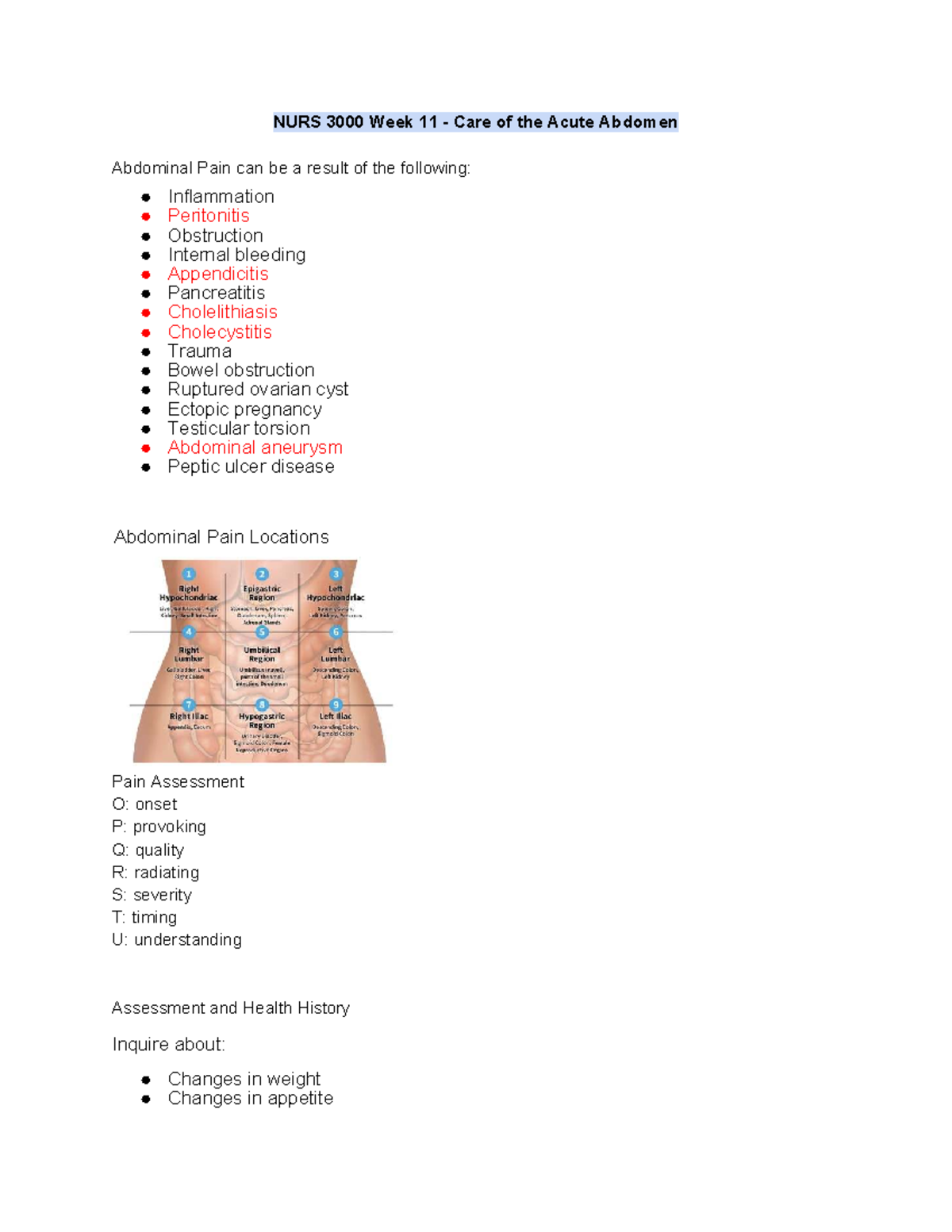 NURS 3000 Week 11 - Management of Acute Abdominal Pain - Studocu