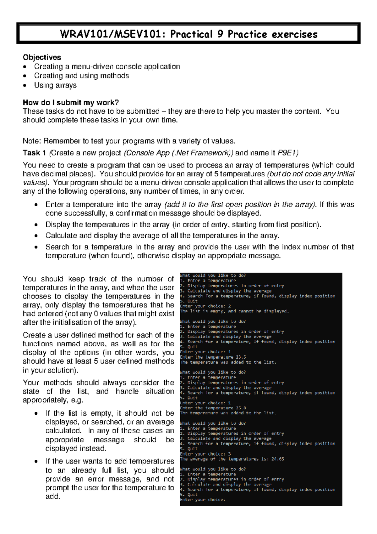 Practical 9: Console App Temp Array Exercises & Methods - Studocu