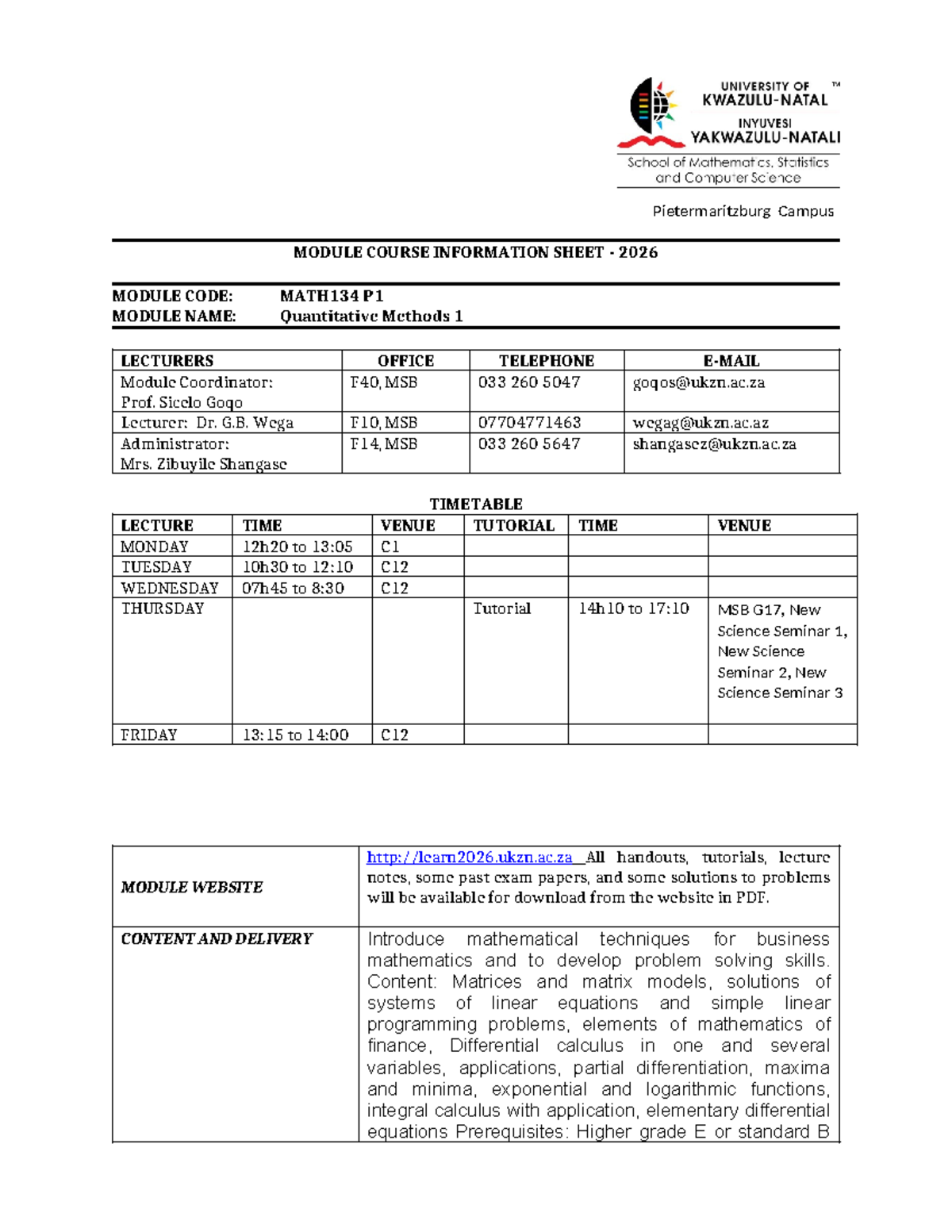 MATH134 P1 Quantitative Methods 1 Course Outline & Info 2026 - Studocu