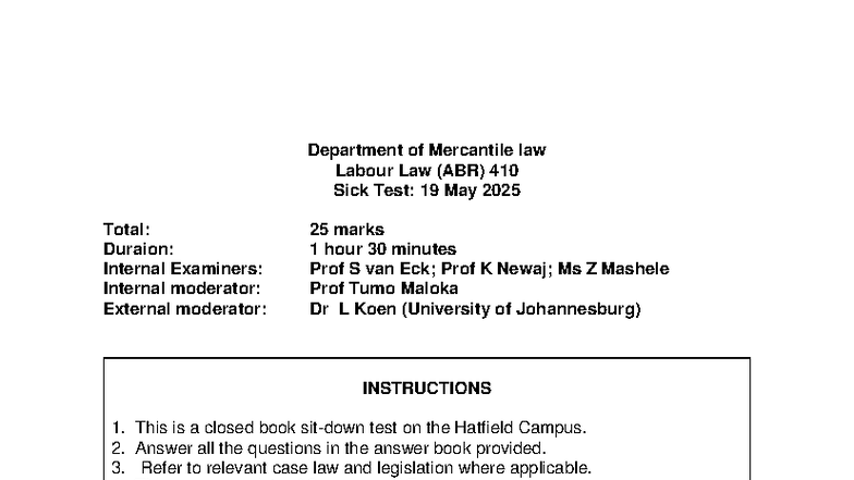 ABR 410 Labour Law Sick Test: 19 May 2025 with Memo - Studocu