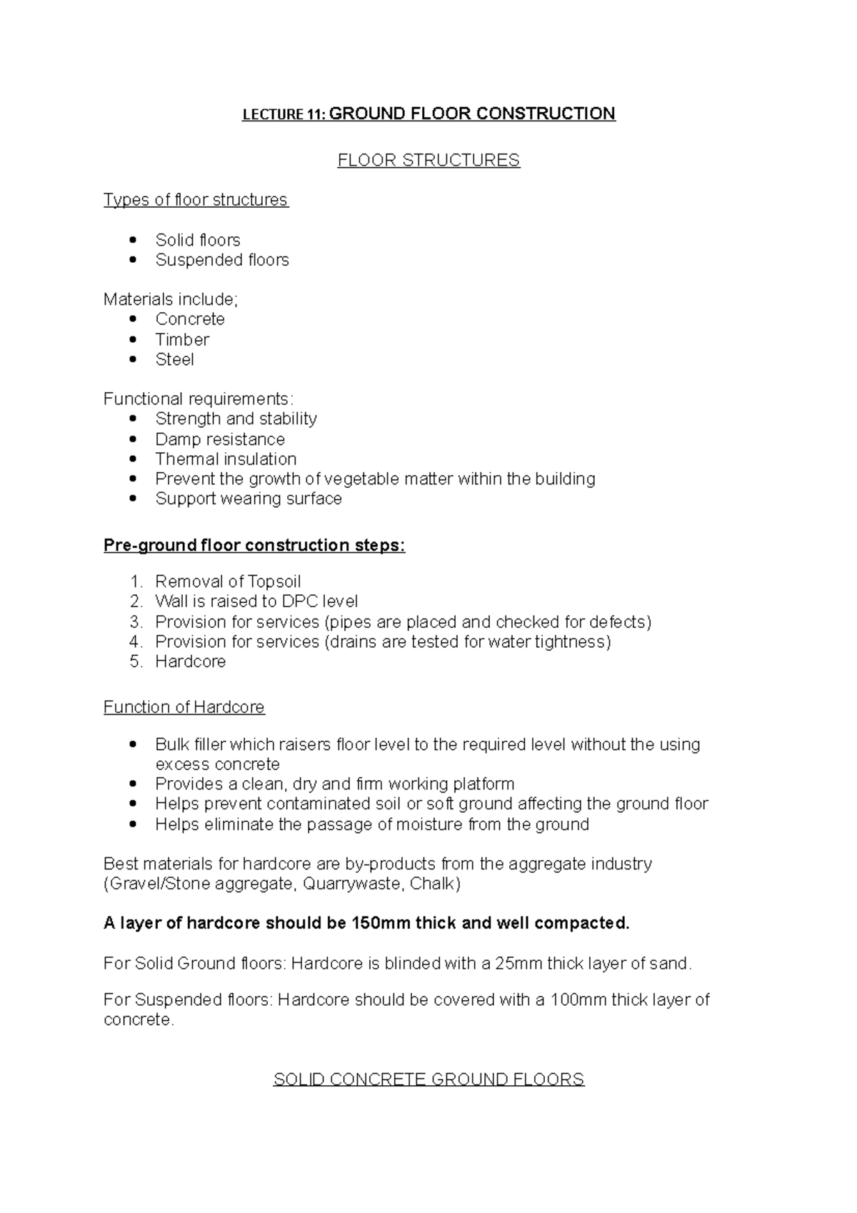 CE1CCT Lecture 11 - LECTURE 11: GROUND FLOOR CONSTRUCTION FLOOR ...