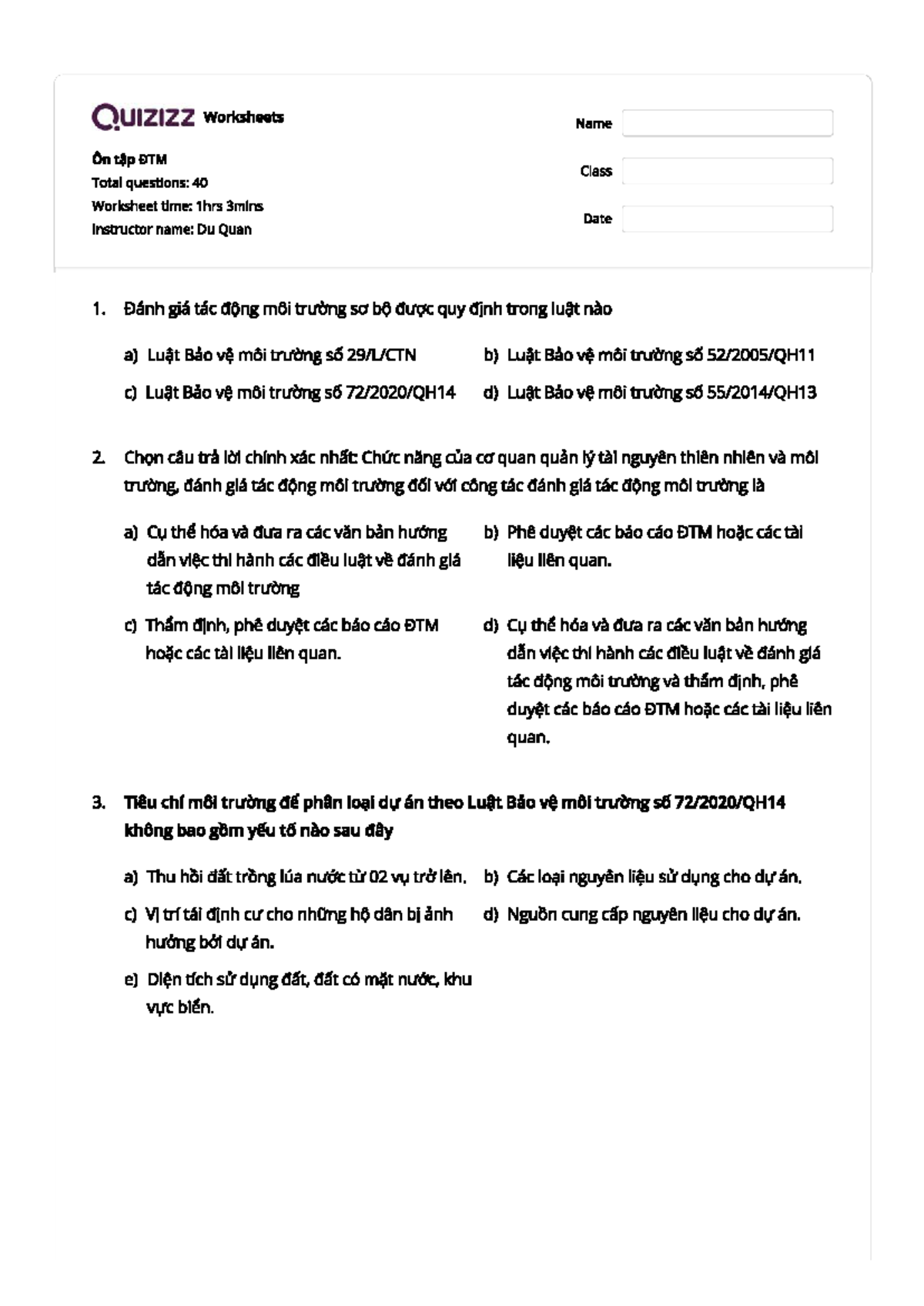 DTM - Worksheet on Environmental Impact Assessment Questions - Studocu