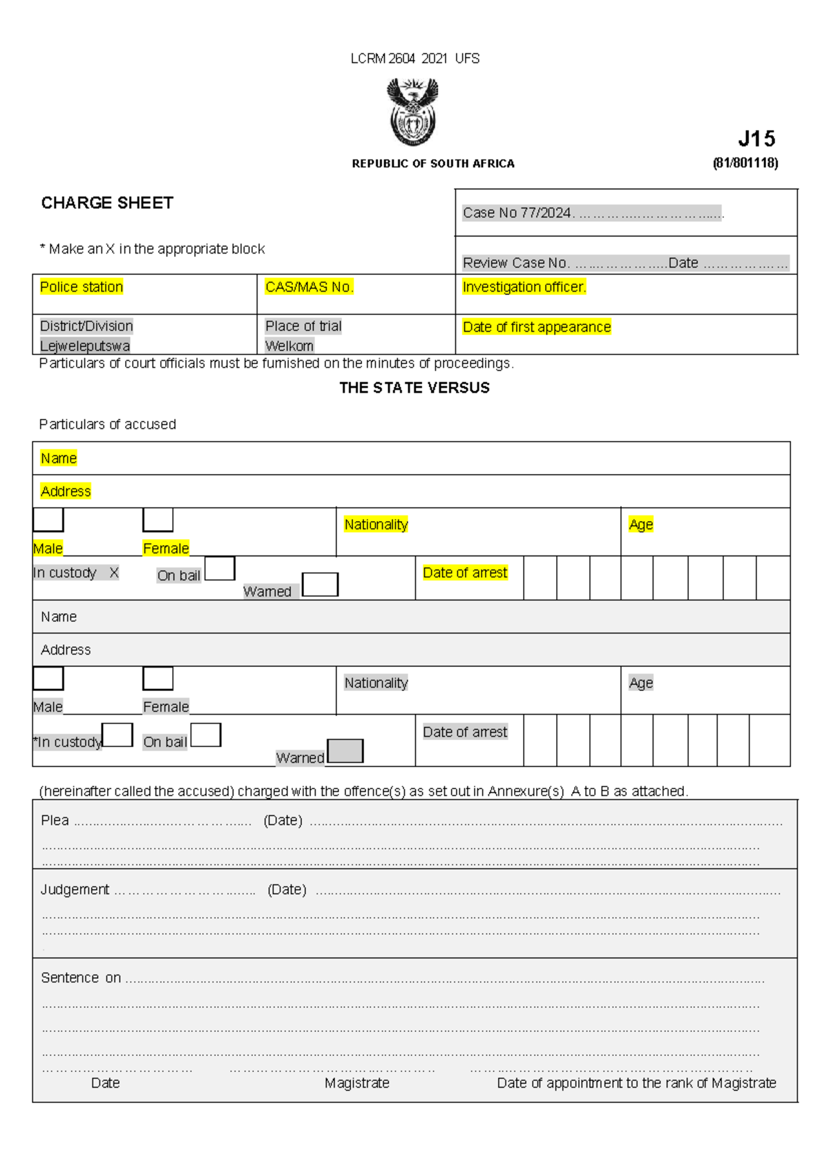 LCRM 2604 J15 Form Assignment - Charge Sheet Overview 2021 - Studocu