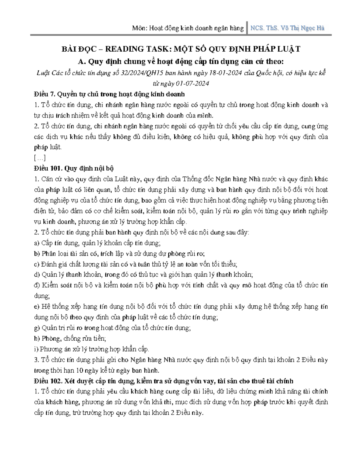Bai doc tin dung 2024 - vánnc - BÀI ĐỌC – READING TASK: MỘT SỐ QUY ĐỊNH ...