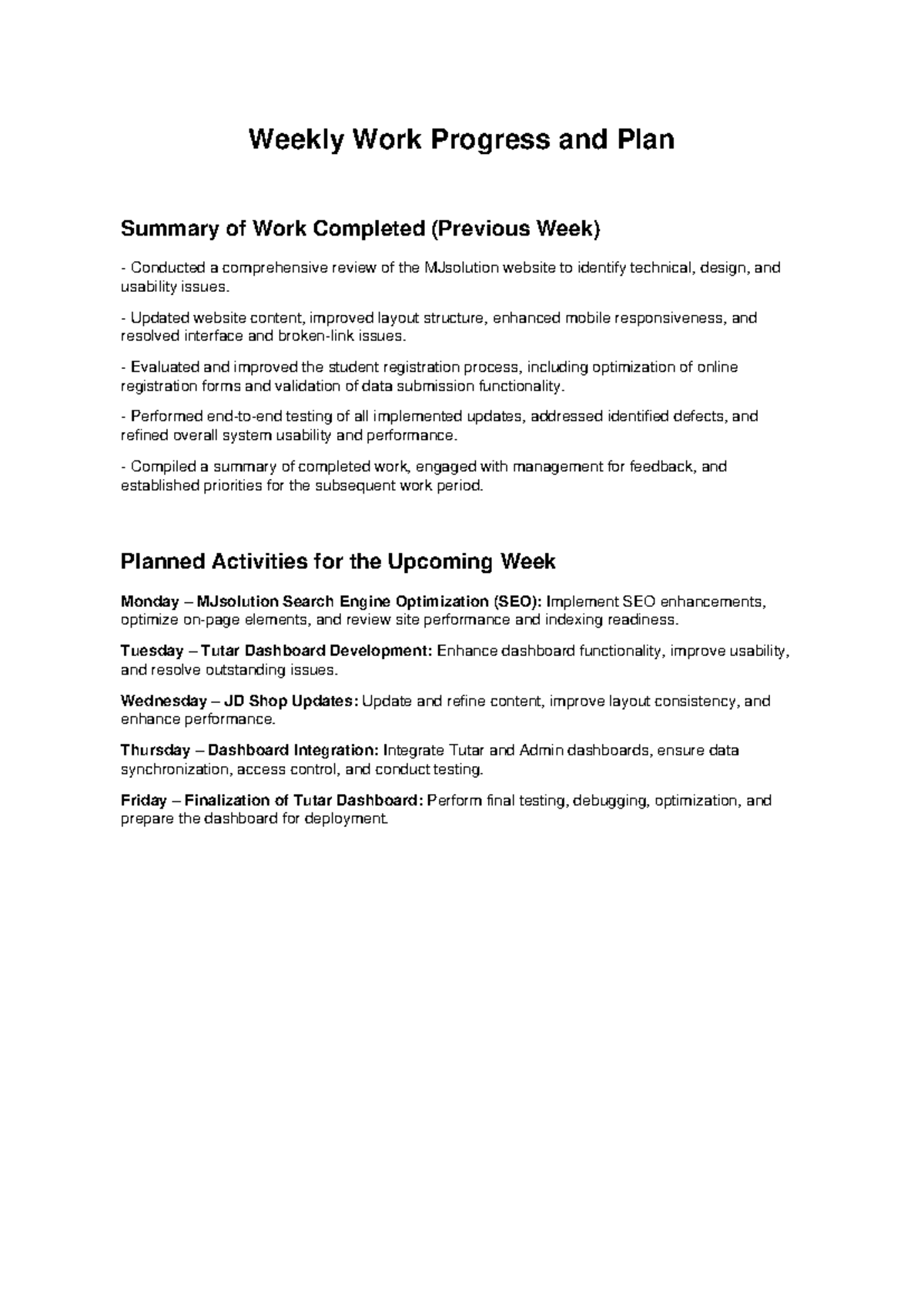 Weekly Work Progress Report: MJsolution Updates and Plans - Studocu