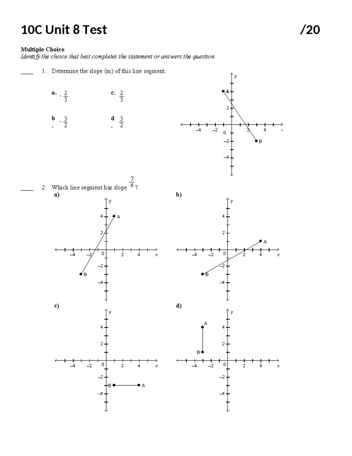 10C Unit 8 Math Test: Multiple Choice Questions on Slope and Lines ...