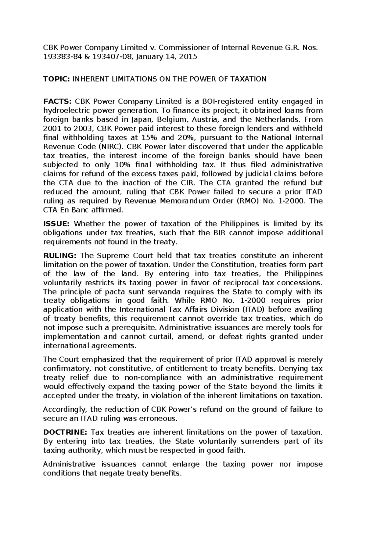 CBK Power Co. Ltd. v. CIR G.R. No. 2015: Taxation Limitations Explained ...
