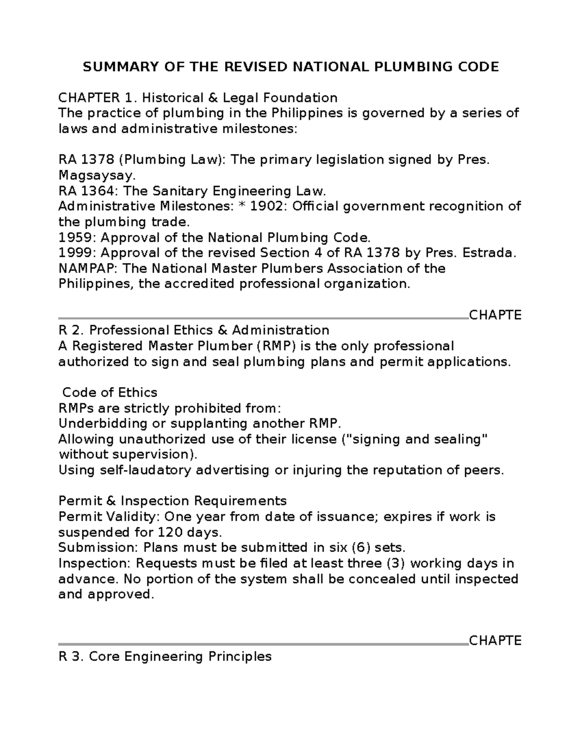 Revised National Plumbing Code Summary: Key Chapters & Principles - Studocu