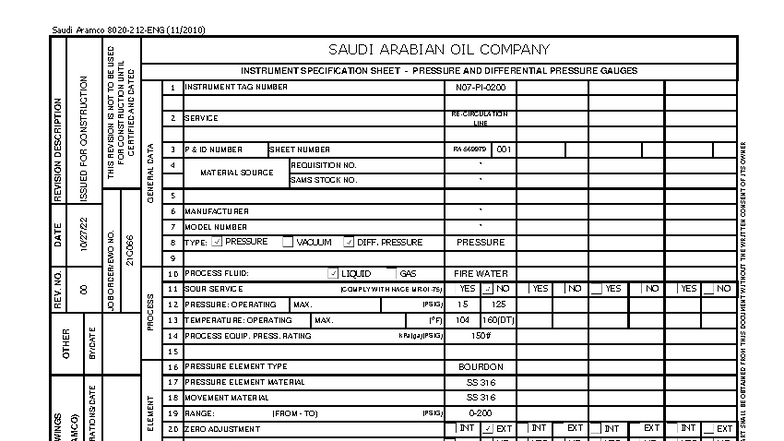 Instrument Specification Sheet for Pressure Gauges RE-569945 - Studocu