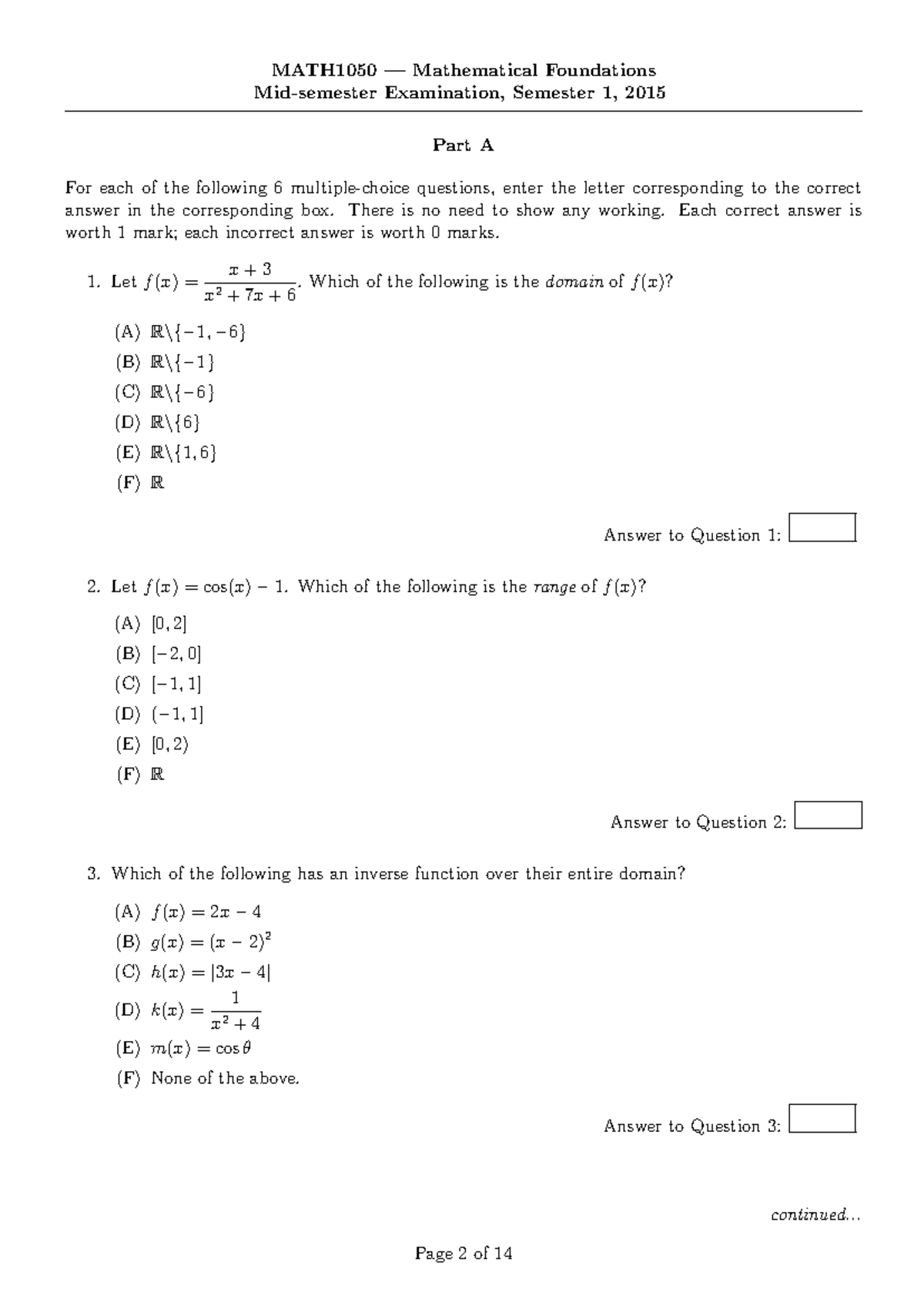 Mid-Sem 1 Exam Questions & Answers | 2015 | Math Course Code - Studocu