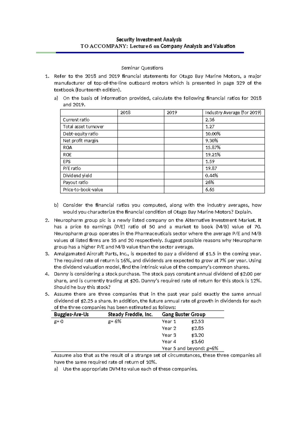 Lecture 6 Seminar questions - Security Investment Analysis TO ACCOMPANY ...