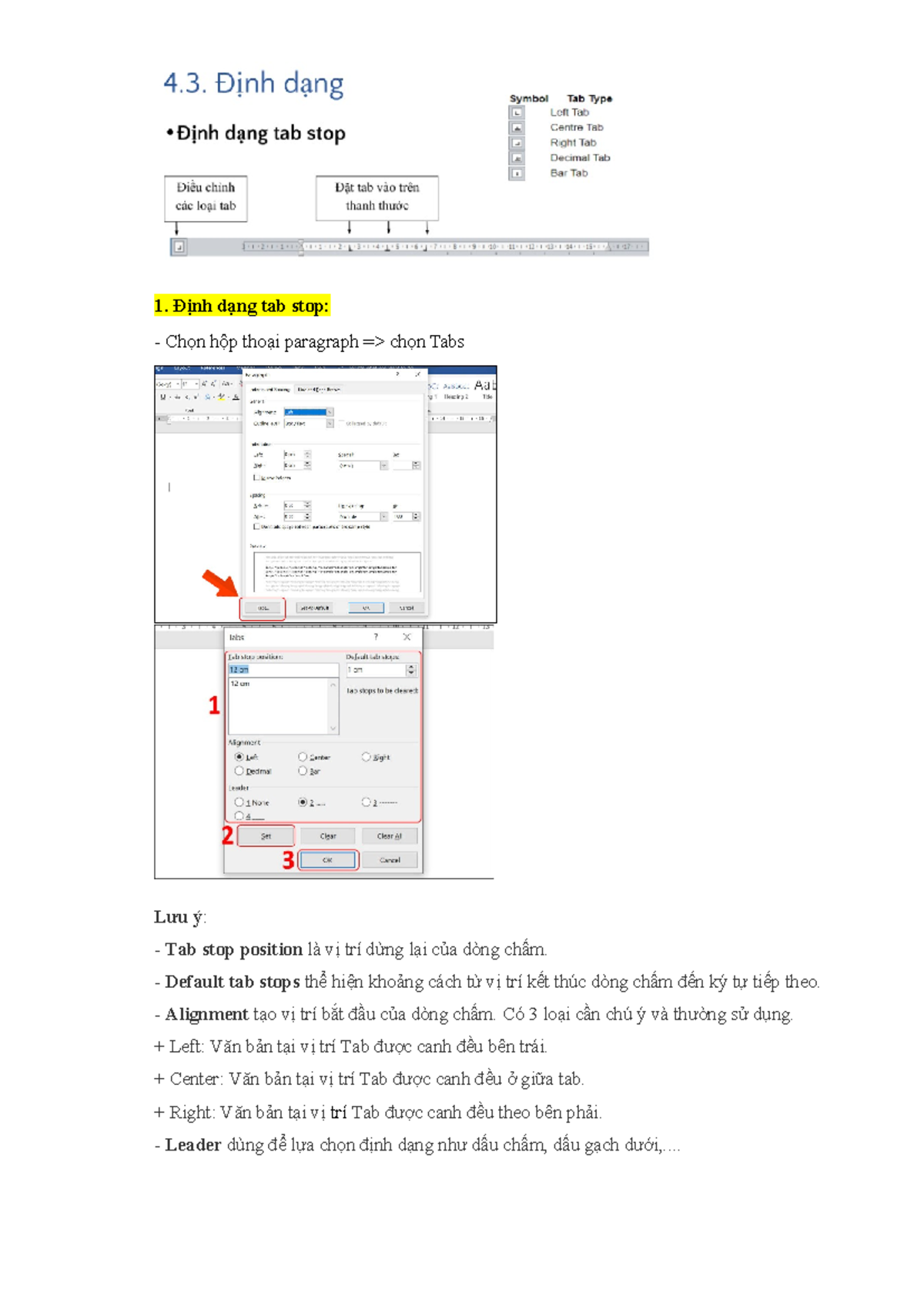 HỌC WORD - tóm tắt word - Định dạng tab stop: Chọn hộp thoại paragraph ...
