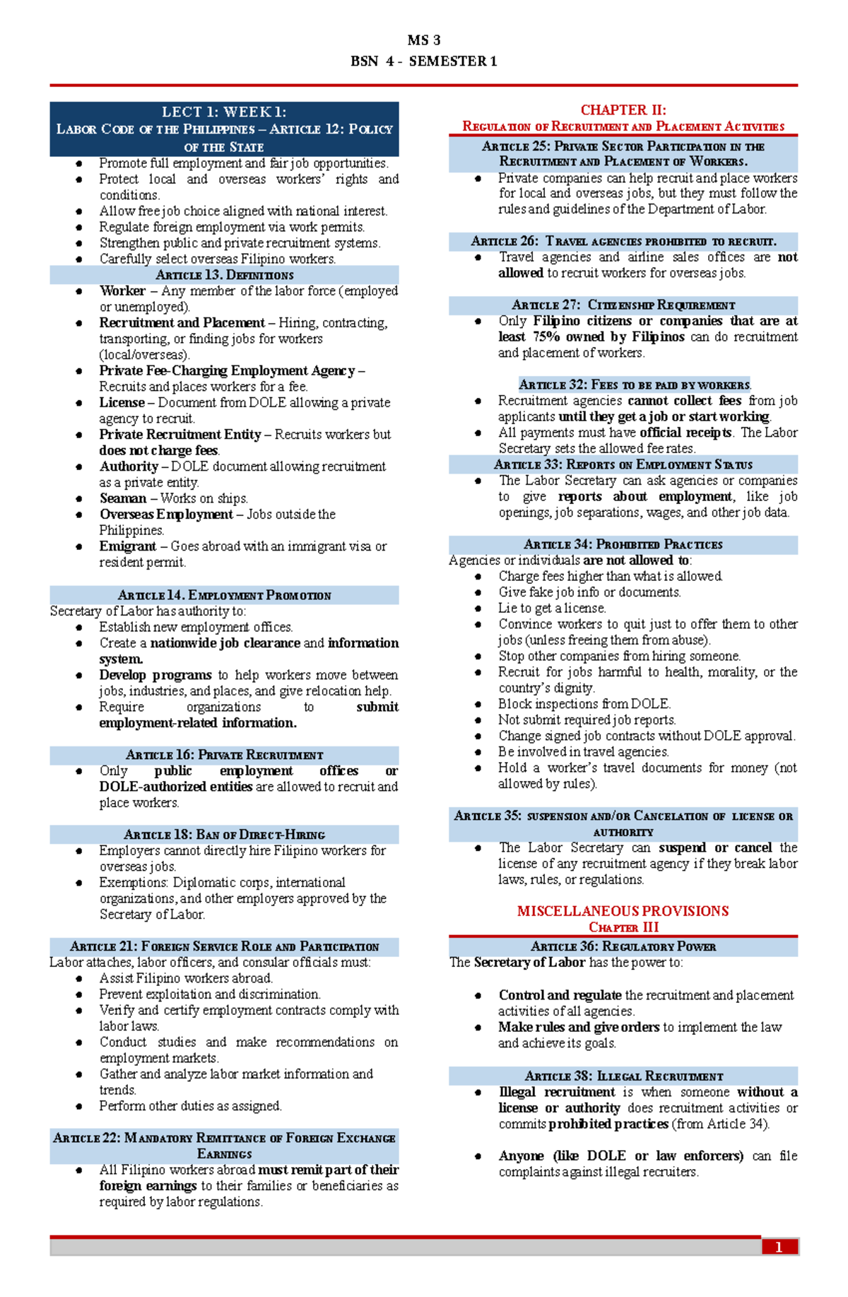 MS 3 BSN 4 SEMESTER 1 LECT 1: LABOR CODE OF THE PHILIPPINES OVERVIEW ...