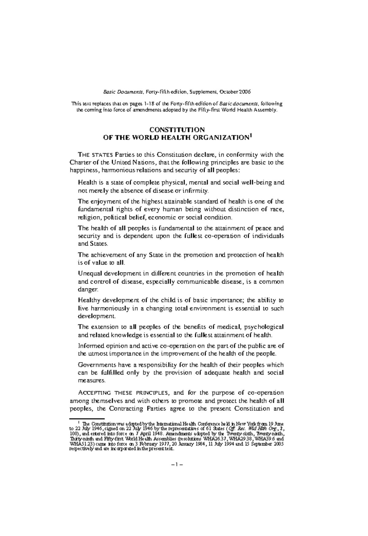 WHO Constitution: Basic Documents Supplement, October 2006 - Studocu