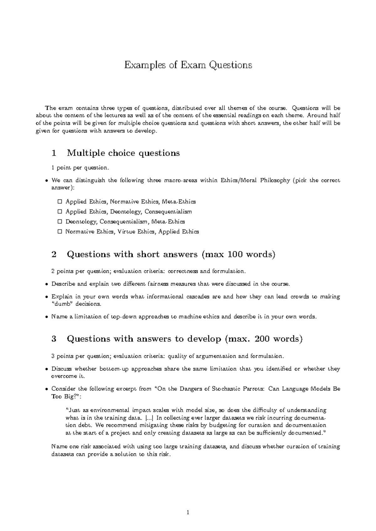 Examples of Exam Questions for Ethics & Moral Philosophy - Exam Prep ...