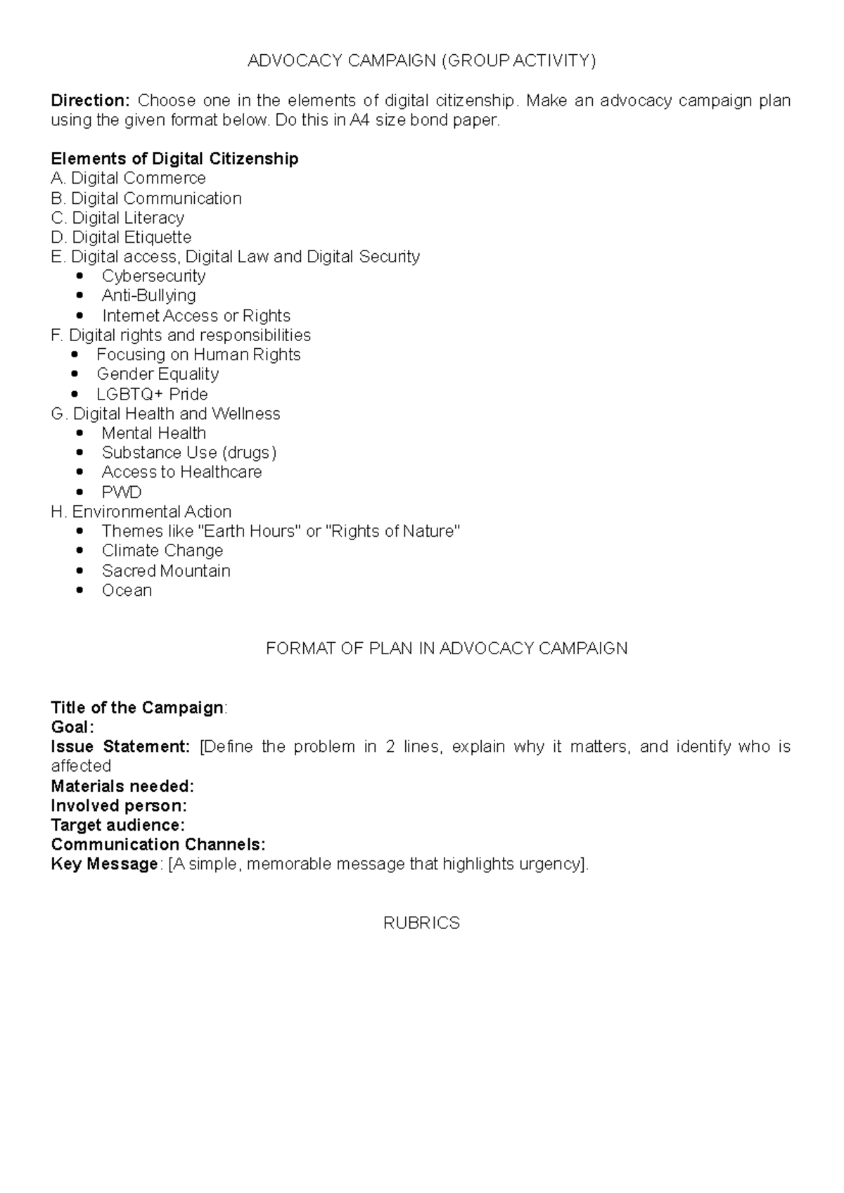 ADVOCACY CAMPAIGN PLAN ON DIGITAL CITIZENSHIP (GROUP ACTIVITY) - Studocu