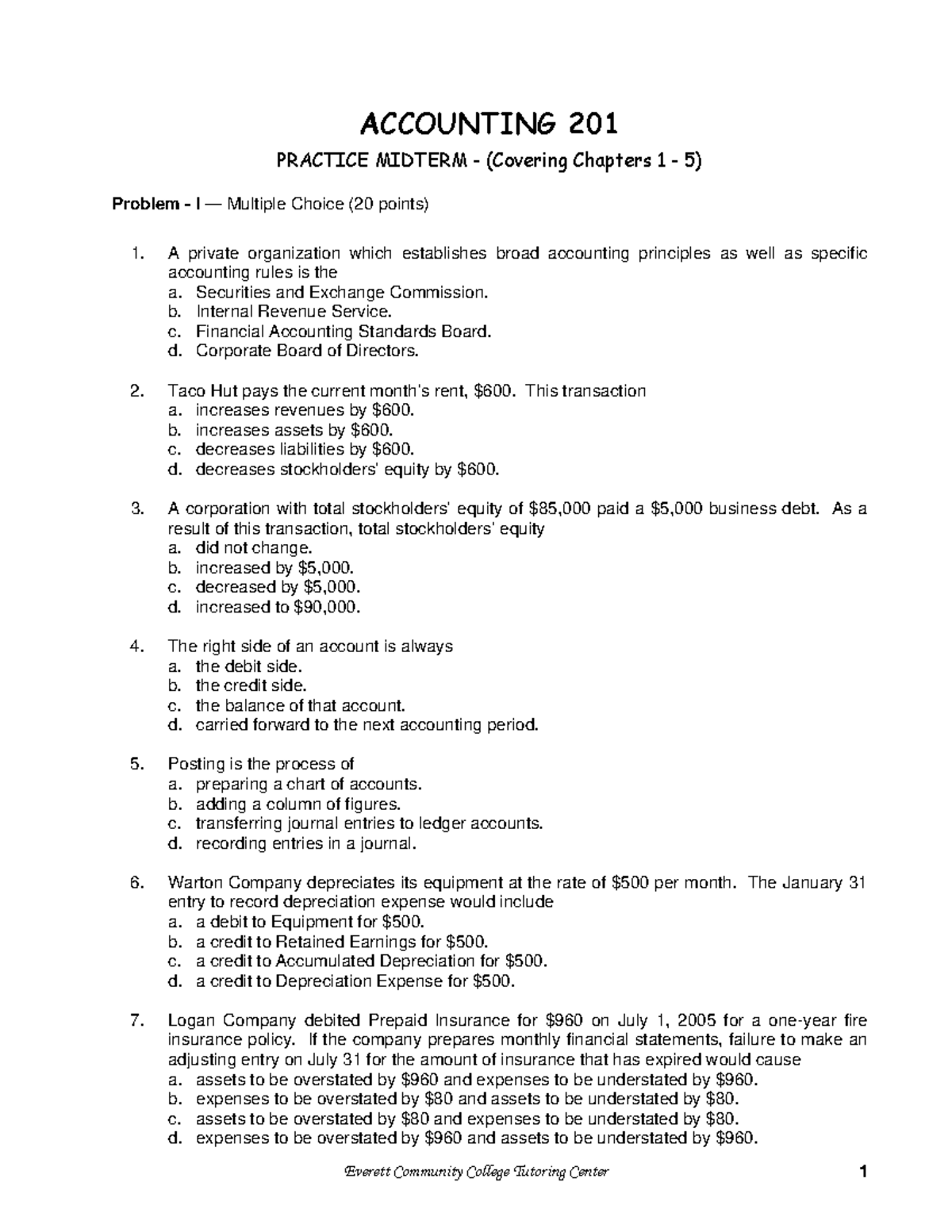 Practice Midterm Solutions for ACC 201 - Chapters 1 to 5 - Studocu