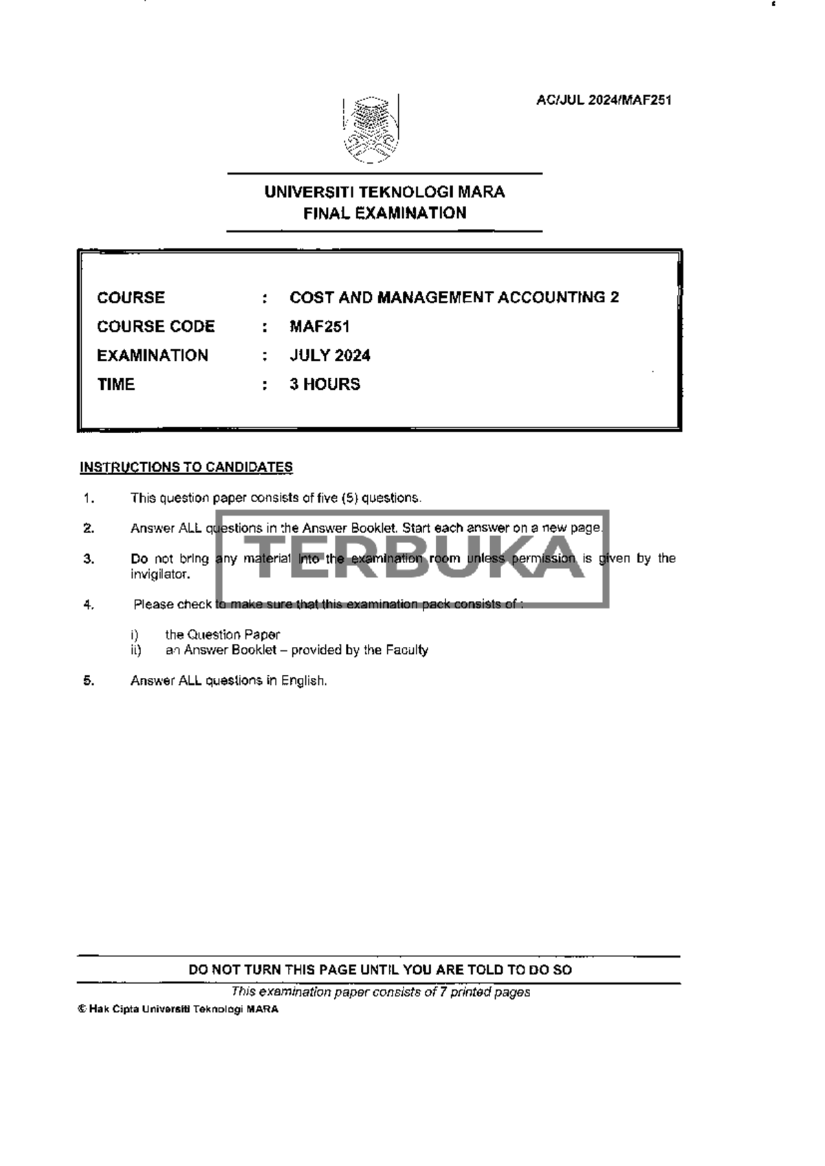 MAF251 - Final Exam: Cost and Management Accounting 2 July 2024 - Studocu